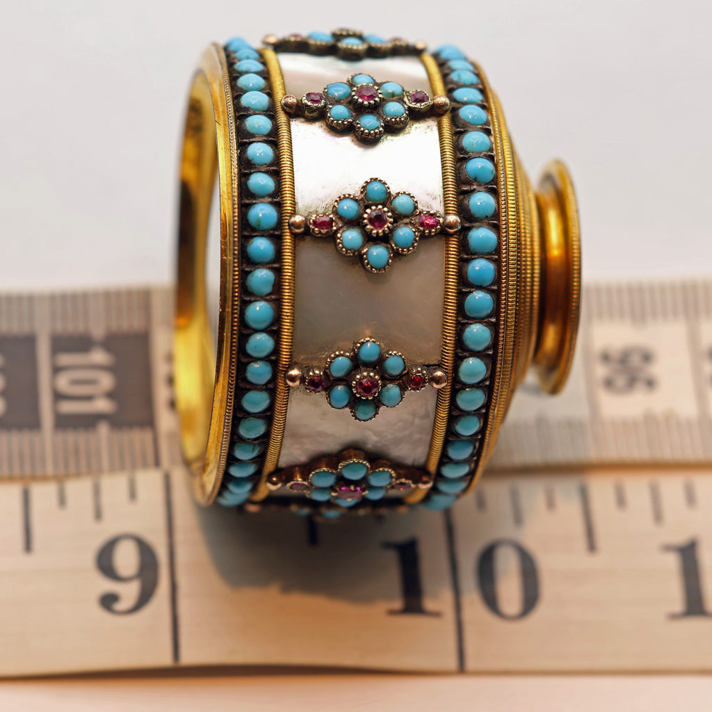 Antique Georgian opera glass spyglass gold gilt turquoise gems MOP French (7520)