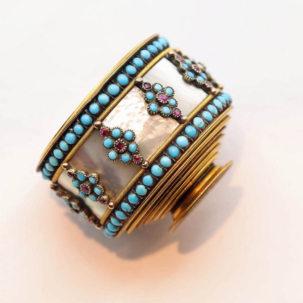 Antique Georgian opera glass spyglass gold gilt turquoise gems MOP French (7520)