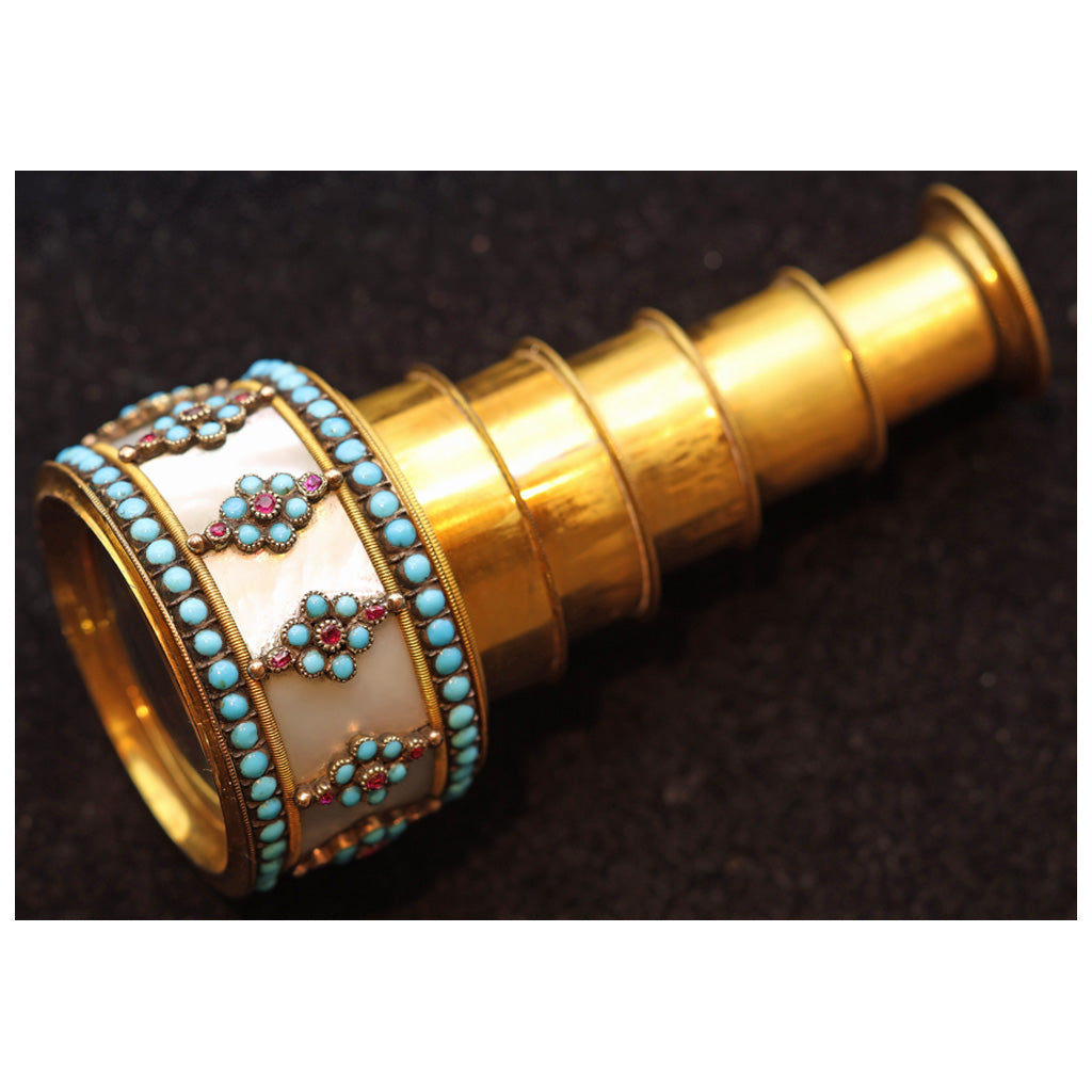 Antique Georgian opera glass spyglass gold gilt turquoise gems MOP French (7520)