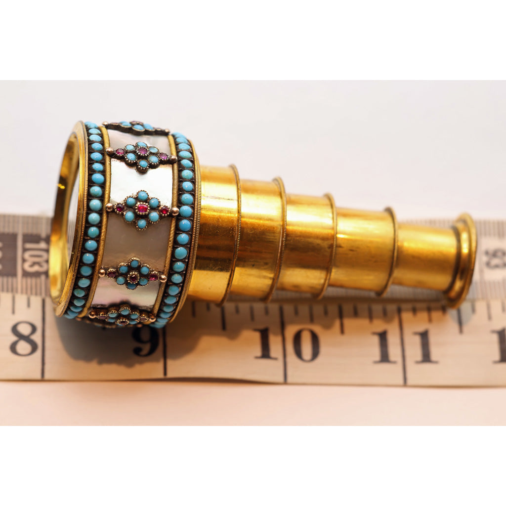 Antique Georgian opera glass spyglass gold gilt turquoise gems MOP French (7520)