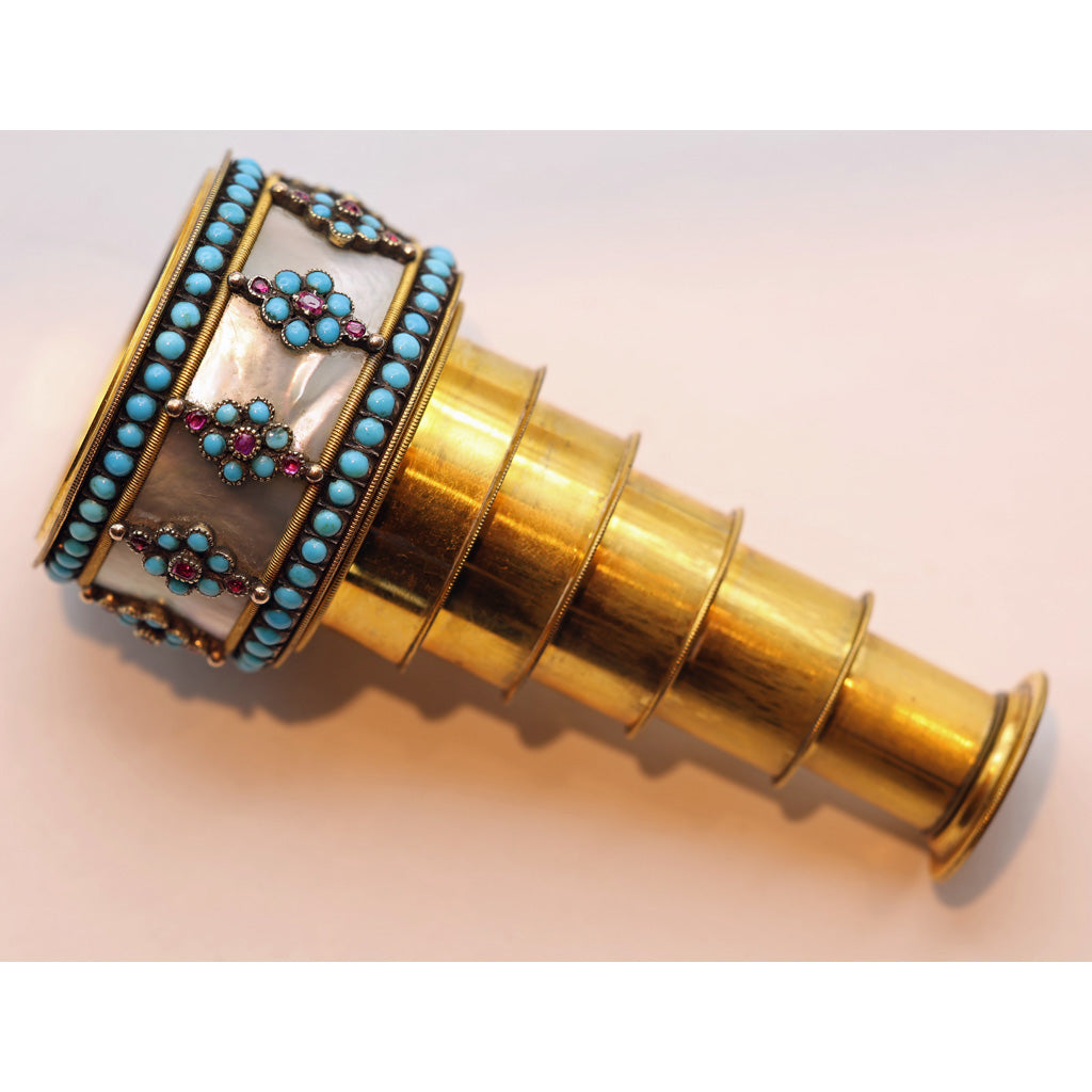 Antique Georgian opera glass spyglass gold gilt turquoise gems MOP French (7520)