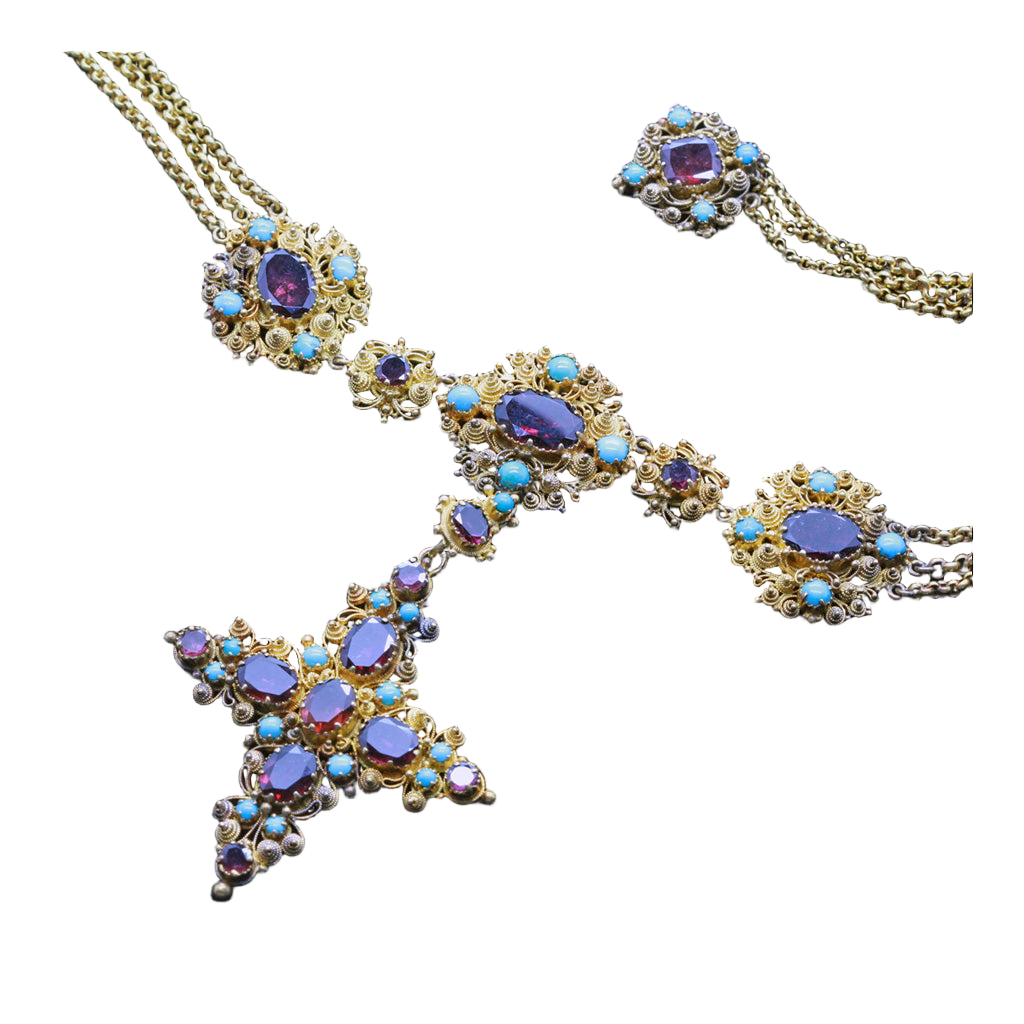 Georgian Necklace Pendant Cross Cannetille 18k Gold Turquoise Garnet (6425)