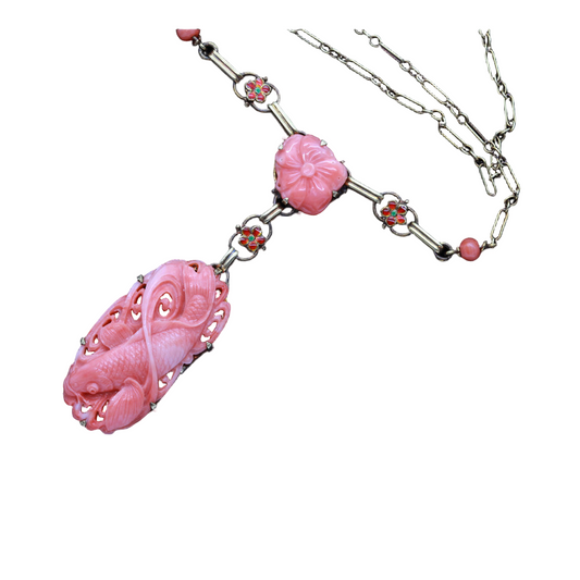 Chinese Necklace 14k Gold Carved Coral Enamel Fish Vintage Art Deco (6505)