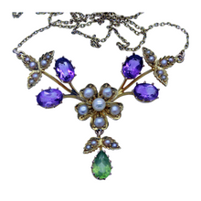 Antique Edwardian Necklace 15ct Gold Amethyst Peridot Pearl Suffragette (6923)
