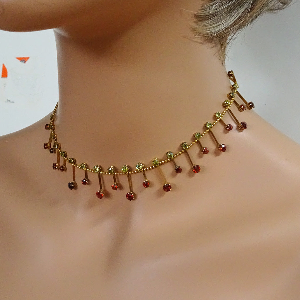 Antique Victorian necklace gold demantoid garnets and orange garnets (7298)