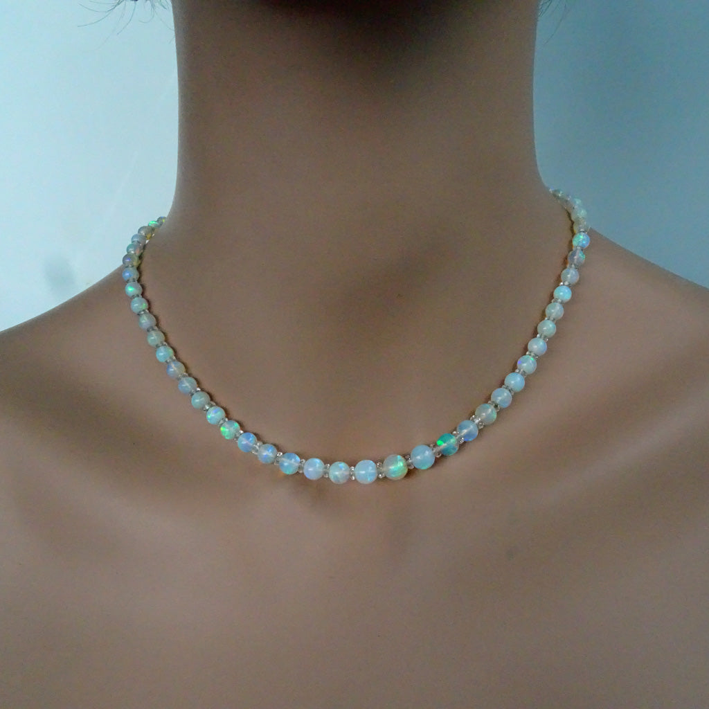 Antique Art Deco opal necklace opals rock crystal 18k gold diamond France (7319)