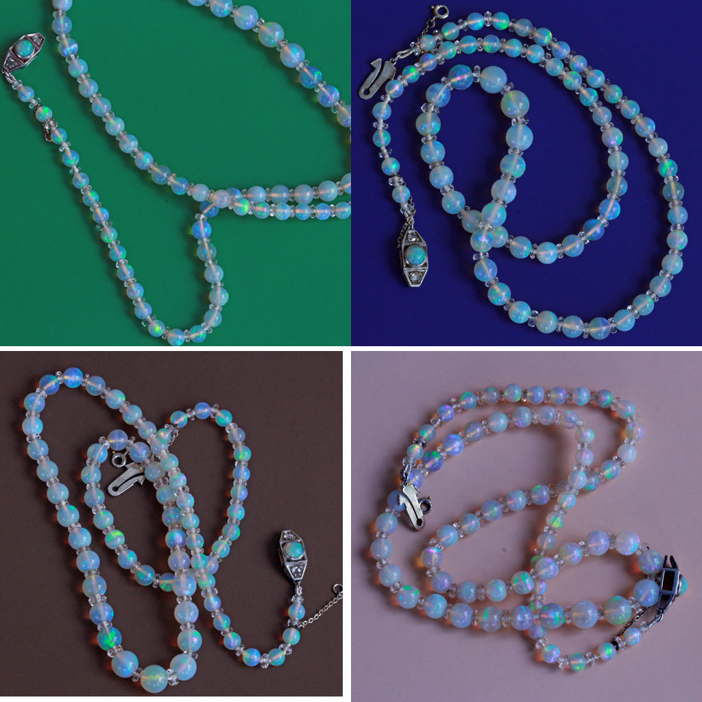 Antique Art Deco opal necklace opals rock crystal 18k gold diamond France (7319)