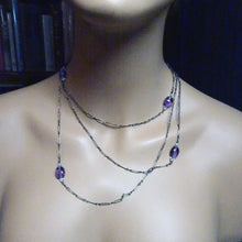 Antique Victorian Arts Crafts long chain necklace silver amethysts pearls (7323)