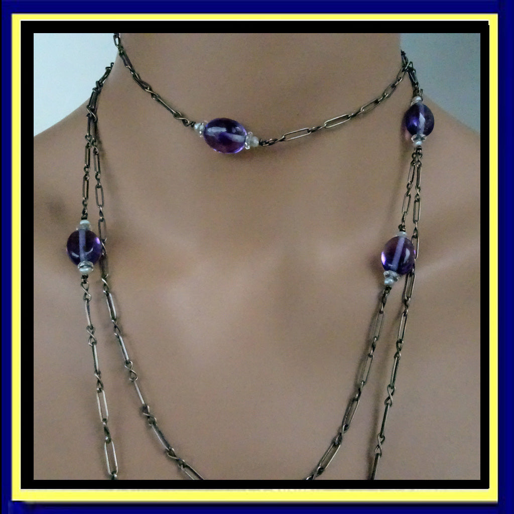 Antique Victorian arts Crafts sautoir long chain silver amethysts pearls