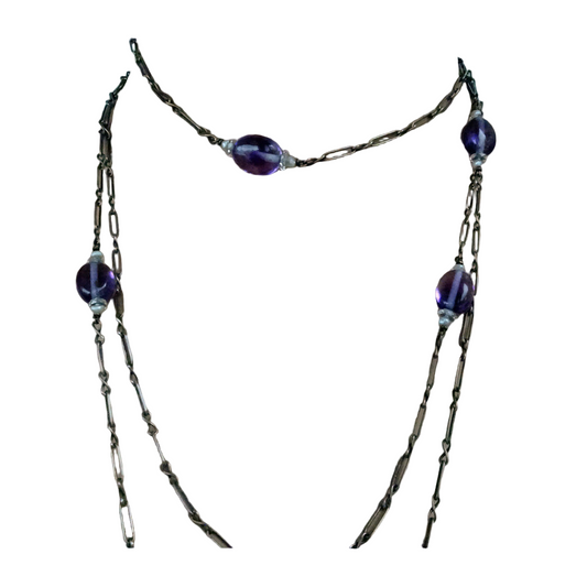 Antique Victorian Arts Crafts long chain necklace silver amethysts pearls (7323)