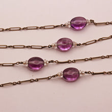 Antique Victorian Arts Crafts long chain necklace silver amethysts pearls (7323)