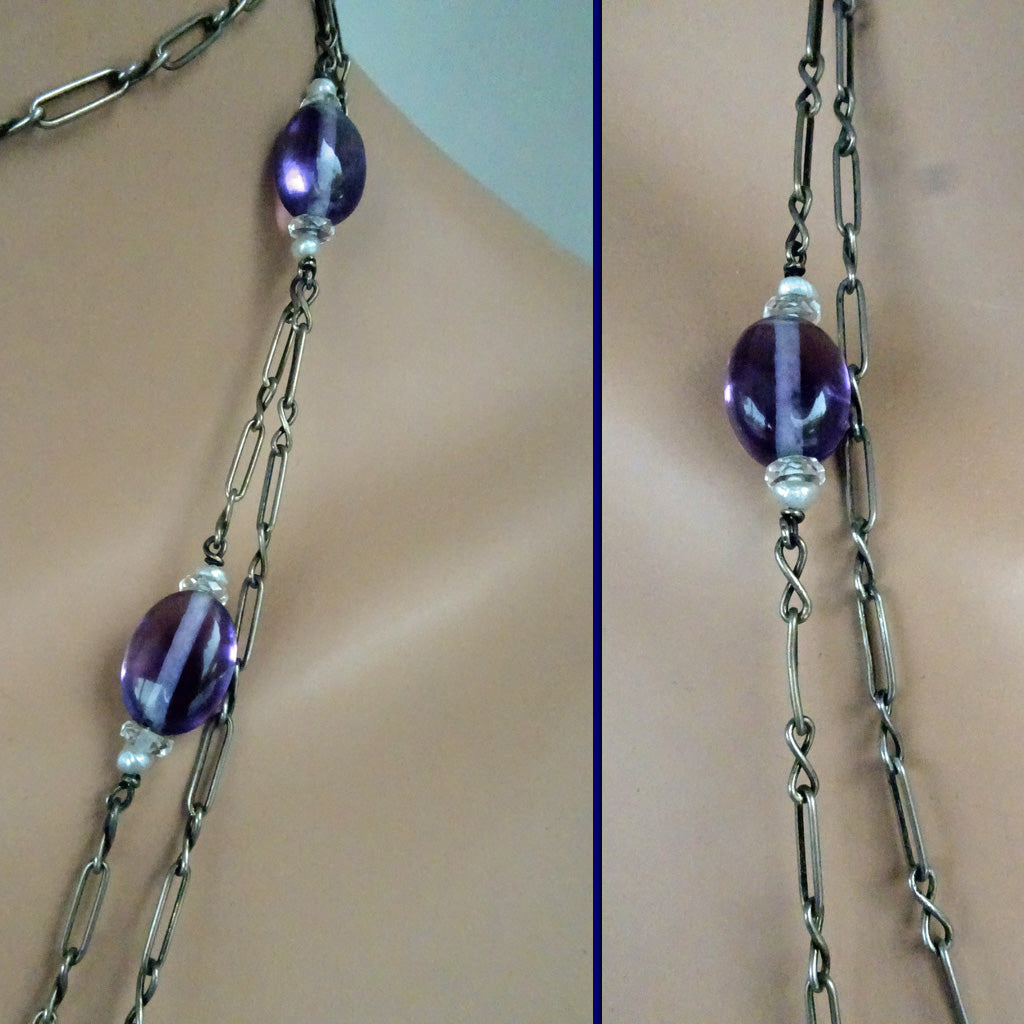 Antique Victorian Arts Crafts long chain necklace silver amethysts pearls (7323)