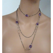 Antique Victorian Arts Crafts long chain necklace silver amethysts pearls (7323)