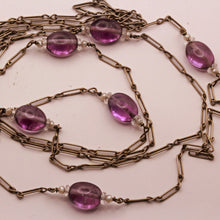 Antique Victorian Arts Crafts long chain necklace silver amethysts pearls (7323)
