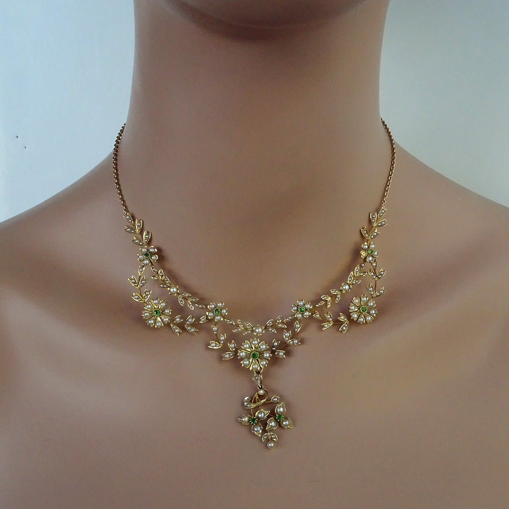 Antique necklace pendant 15ct gold pearls demantoid garnets Bride tiara (7327)