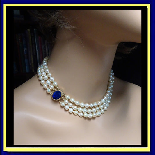 vintage cultured pearl necklace gold lapis lazuli 