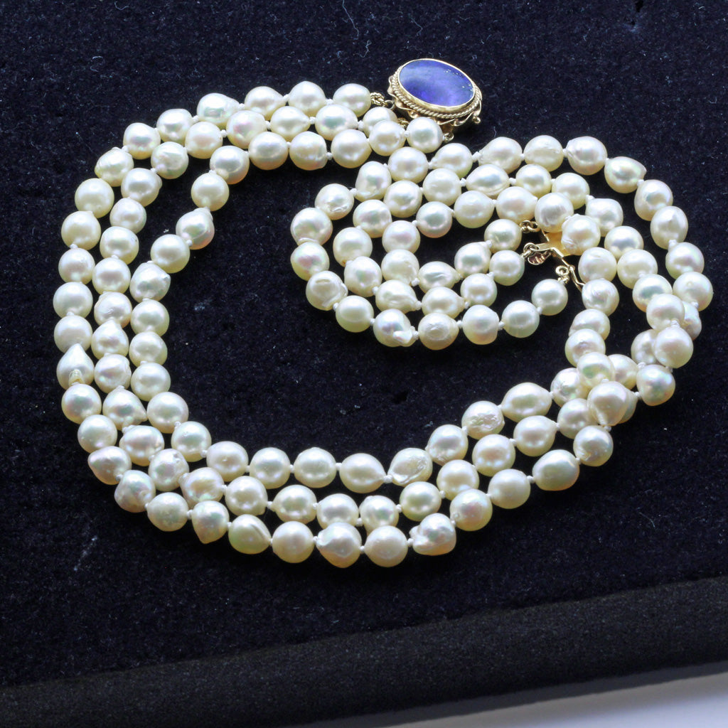 Vintage cultured pearl necklace 14k gold lapis lazuli clasp 3-strands (7380)