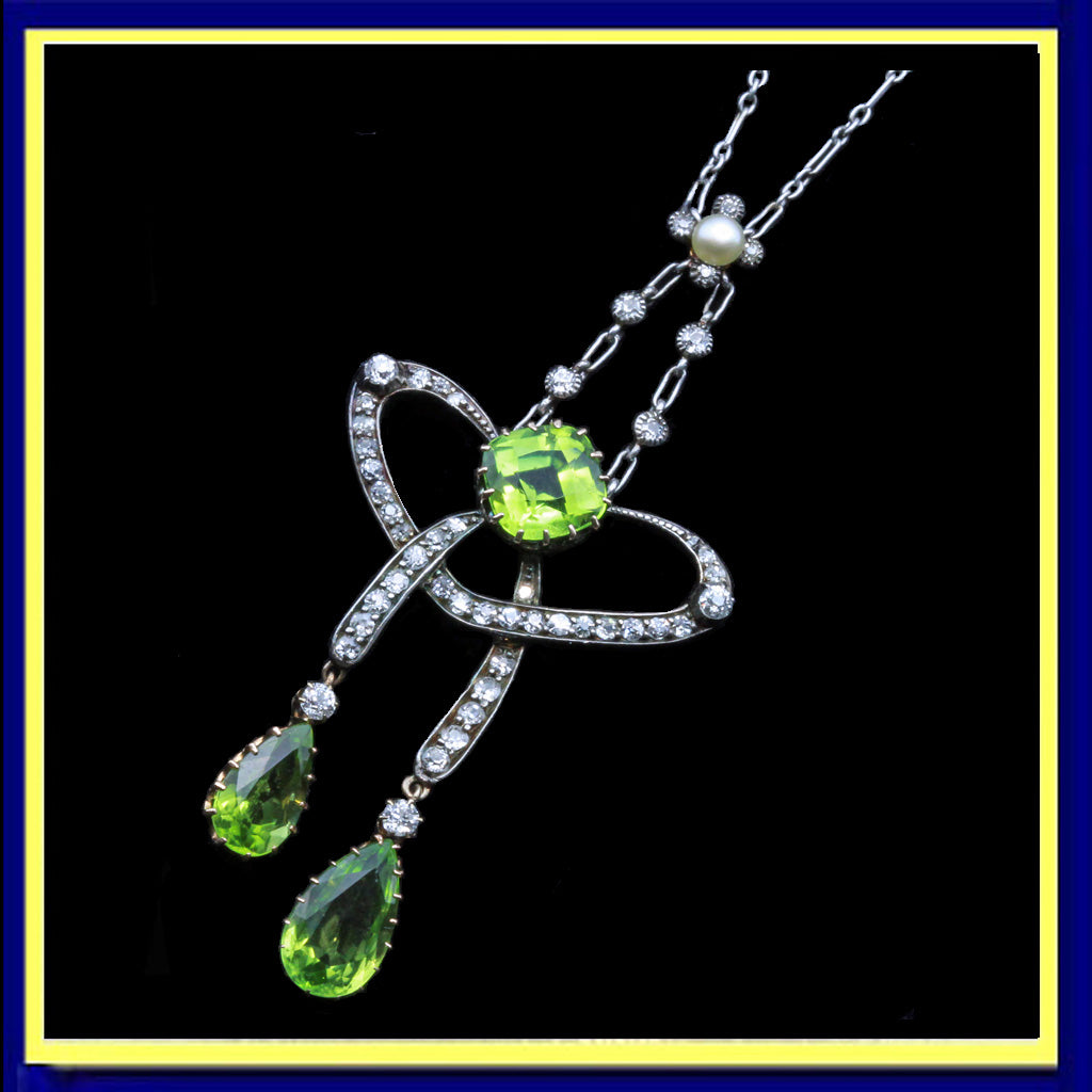 art nouveau negligee necklace diamonds peridot pear gold silver platinum