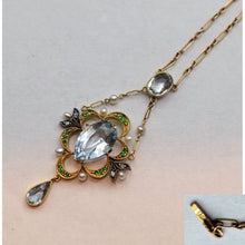 Antique Edwardian Pendant Necklace gold aquamarine demantoid garnet pearl (7448)