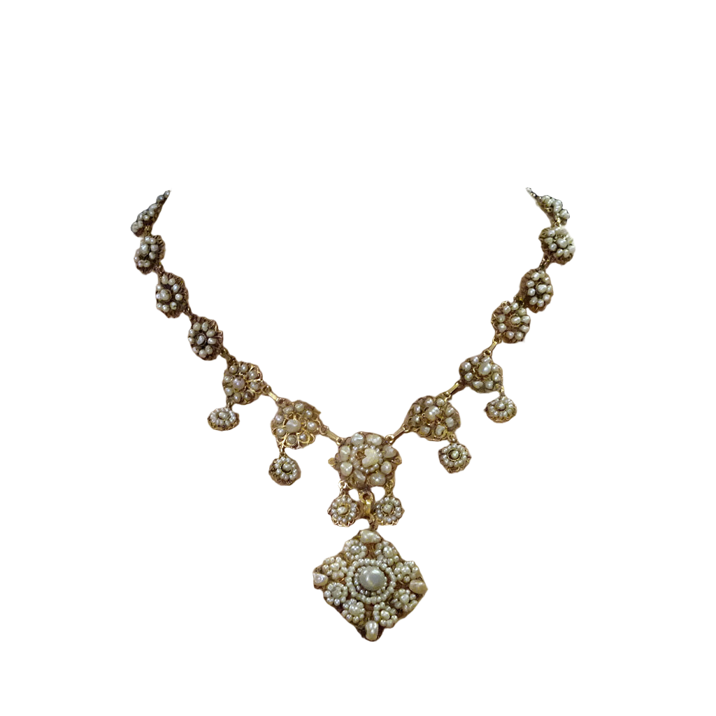 Antique Georgian necklace gold pearls filigree Bride Wedding jewelry Spain (7455)