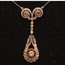 Antique Art Deco necklace pendant gold platinum diamonds sapphires French (7545)