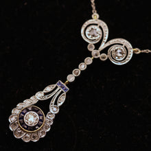 Antique Art Deco necklace pendant gold platinum diamonds sapphires French (7545)