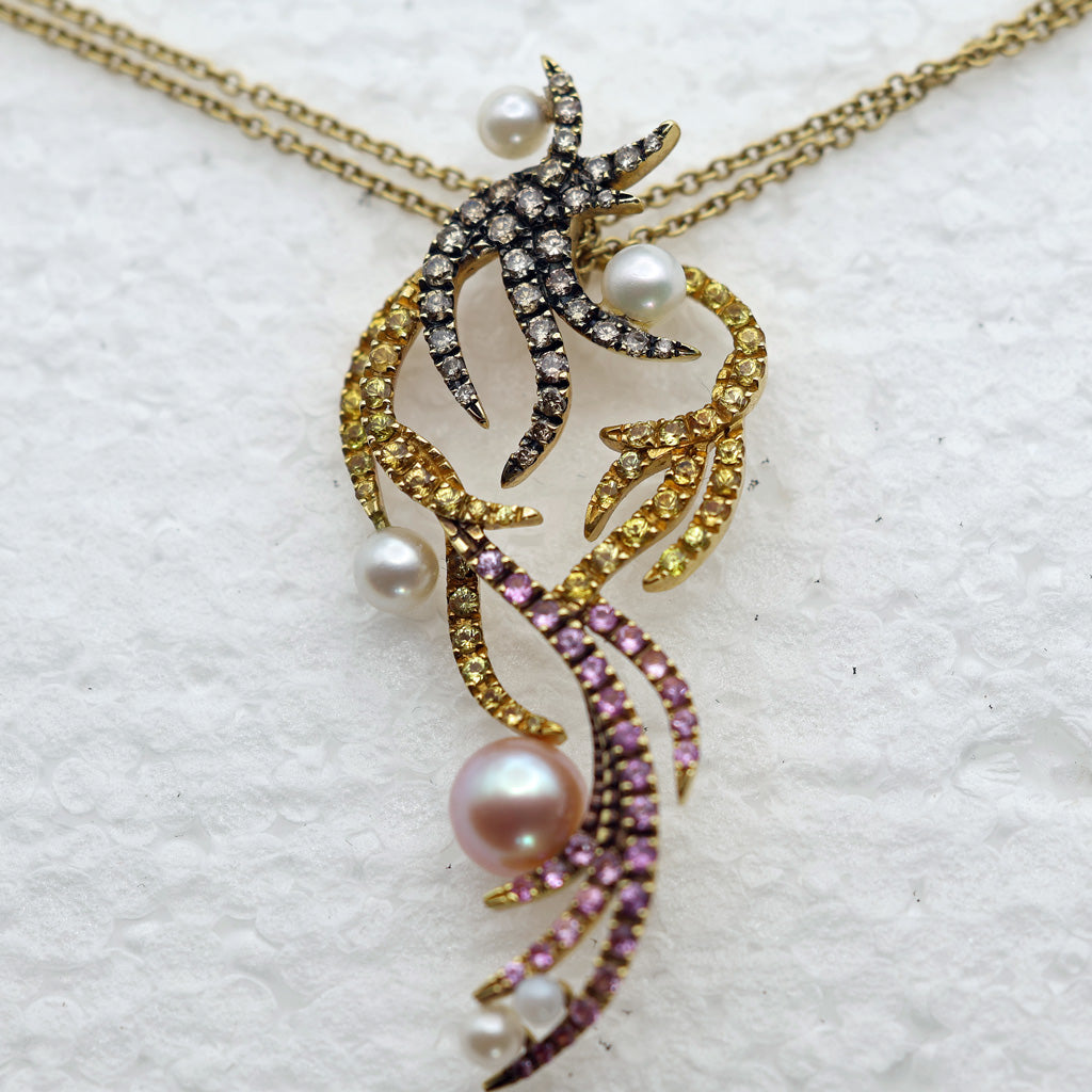Sarah Ho Pendant Necklace 18k gold diamonds pearls sapphires pink & yellow