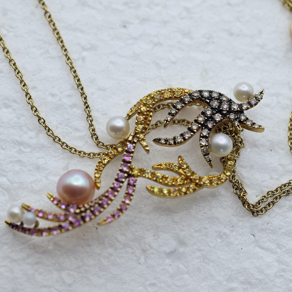 Sarah Ho Pendant Necklace 18k gold diamonds pearls sapphires pink & yellow
