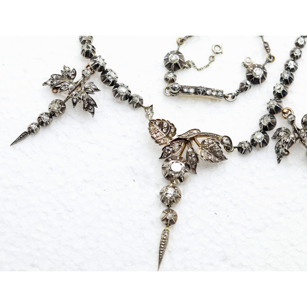 Antique diamond necklace gold silver diamonds early 1800's cascading drops(7623)