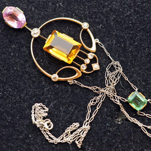 Antique Arts & Crafts necklace pendant platinum gold diamonds colored gems (7672)