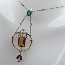 Antique Arts & Crafts necklace pendant platinum gold diamonds colored gems (7672)