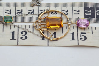 Antique Arts & Crafts necklace pendant platinum gold diamonds colored gems (7672)