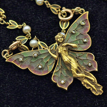 Art Nouveau woman butterfly pendant chain plique-à-jour enamel gold diamond(7701)
