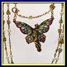 Art Nouveau woman butterfly pendant chain plique-à-jour enamel gold diamond(7701)