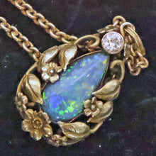 Art Nouveau Arts & Crafts pendant necklace black opal diamond gold American(7703)