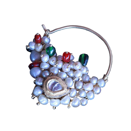 Antique Indian Nath Nose Ring high k Gold, Gem Paste & Pearls c1900–1940 (6471) (Copy)