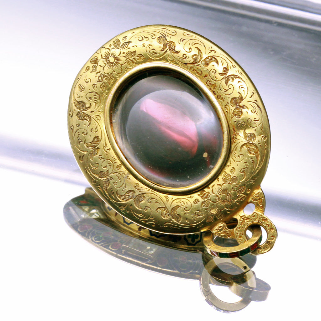 Antique Holbeinesque Locket Pendant 14k Chased Gold Garnet Gem Enamel (6563)