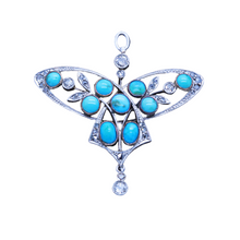 Nouveau Pendant Diamonds Turquoise Platinum 14k Gold Victorian Antique (6601)