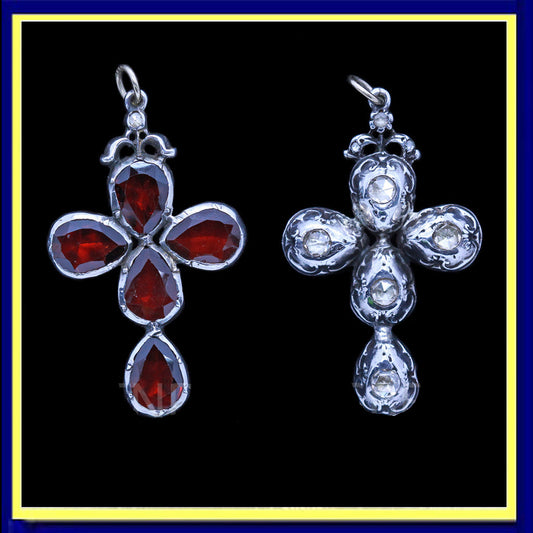 Antique Georgian Cross Pendant Silver Diamonds Garnets Reversible Unisex (6908)
