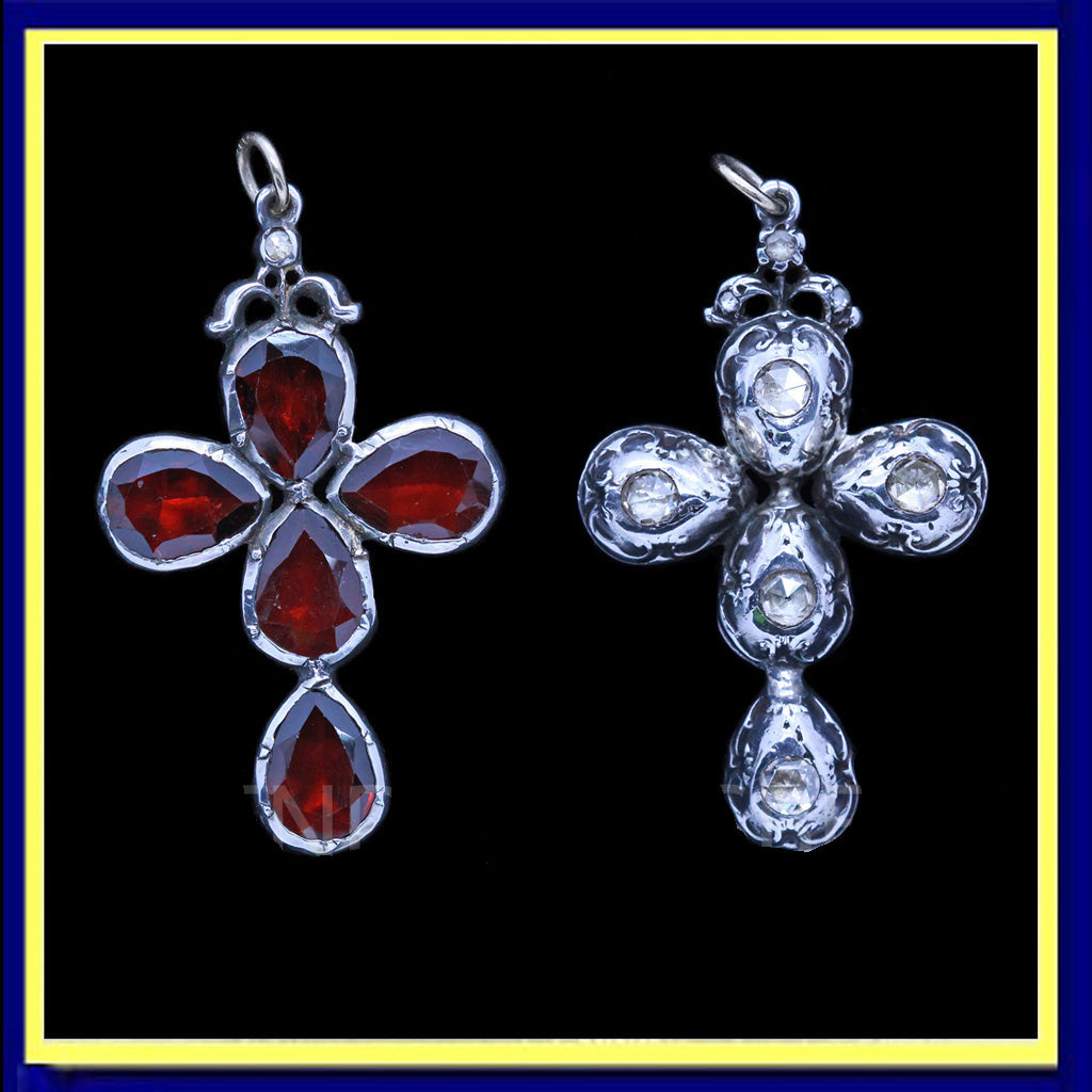 Antique Georgian Cross Pendant Silver Diamonds Garnets Reversible Unisex (6908)
