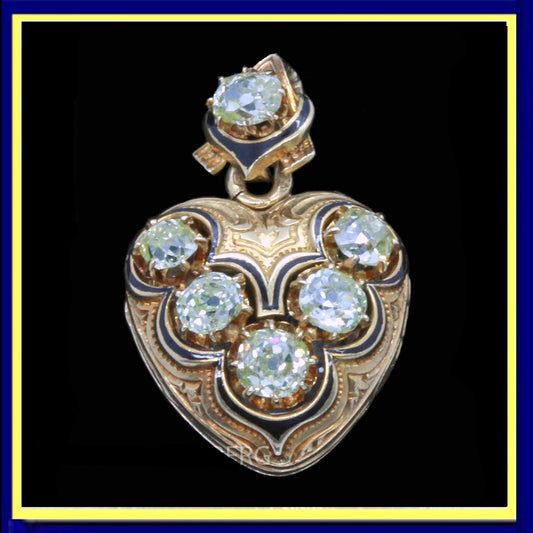 Antique Victorian Heart Pendant Locket 18k Gold Diamonds Enamel French (7096)