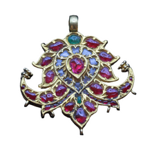 Antique Pendant 22k gold rubies, emeralds, white sapphires Mughal peacocks (7253)