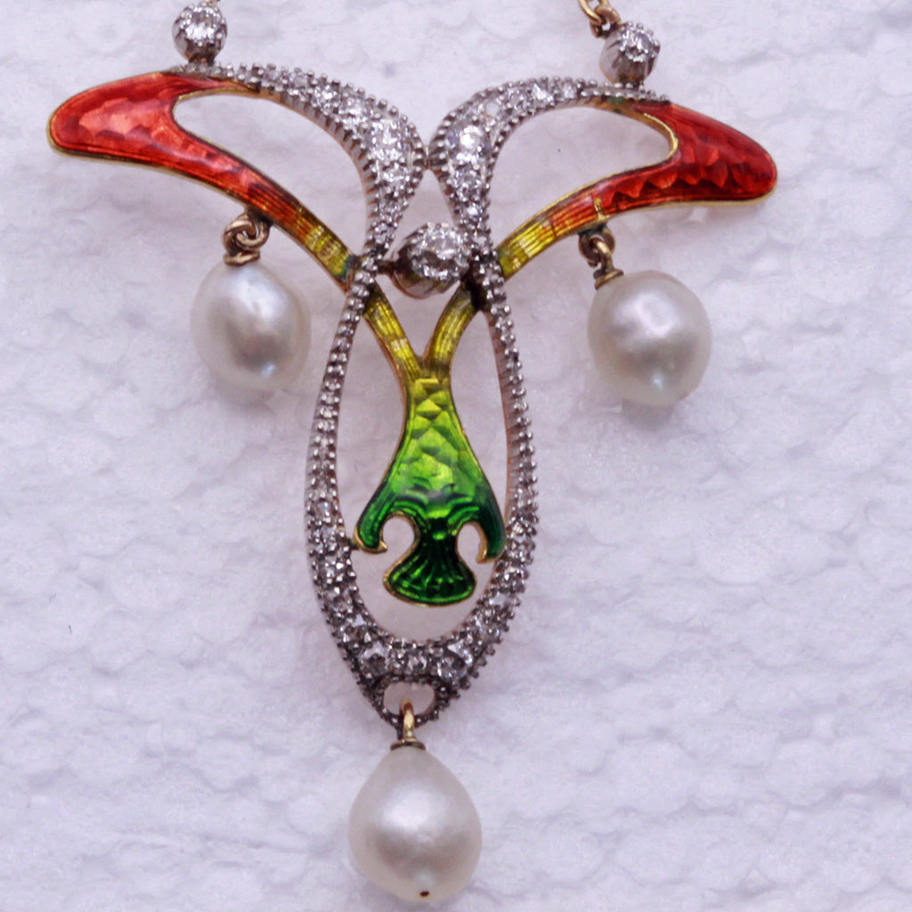 Antique Art Nouveau Pendant Gold Platinum Diamonds Pearls shaded Enamel (7328)