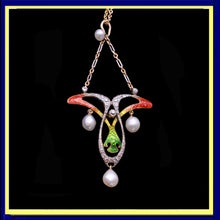 antique art nouveau pendant gold platinum diamonds pearls enamel
