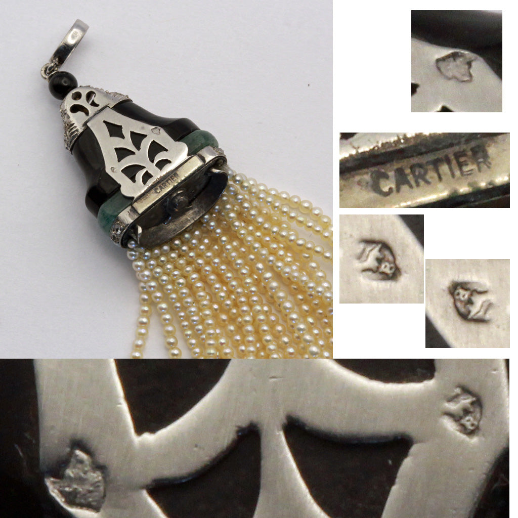 Cartier Antique Art Deco pendant platinum diamonds onyx jade pearls (7382)