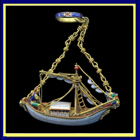 Antique Renaissance pendant Gold Enamel Metropolitan Museum fishing boat (7388)