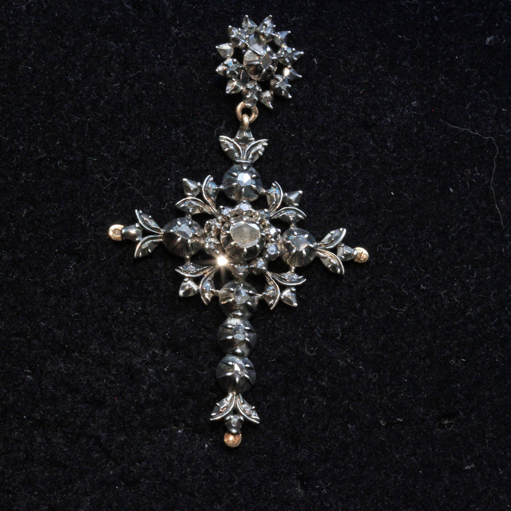 Antique Pendant Cross Gold Silver Diamonds Georgian - Victorian Flemish (7417)