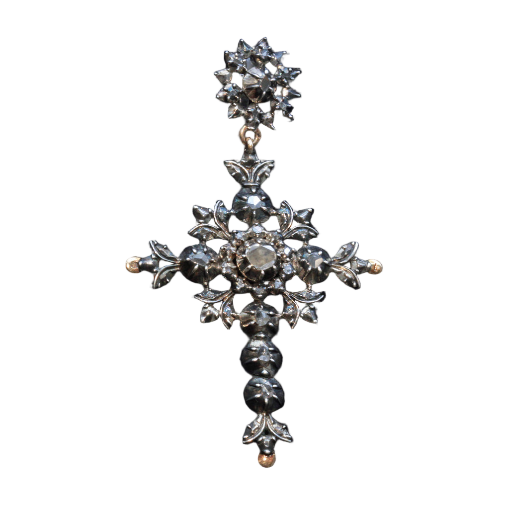 Antique Pendant Cross Gold Silver Diamonds Georgian - Victorian Flemish (7417)
