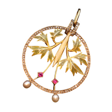 Masriera Art Nouveau pendant gold diamond ruby pearl plique a jour enamel (7456)
