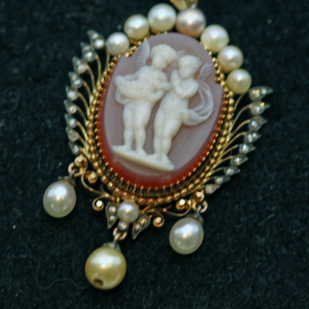 Antique Victorian pendant gold diamonds pearls hardstone cameo American (7475)